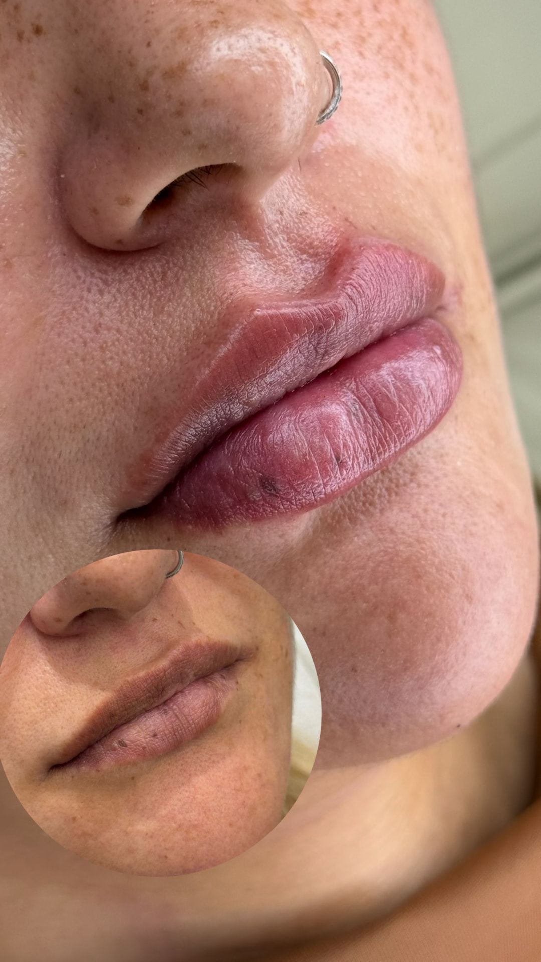 Comparativo autorizado de preenchimento labial, antes e depois, apresentado lado a lado